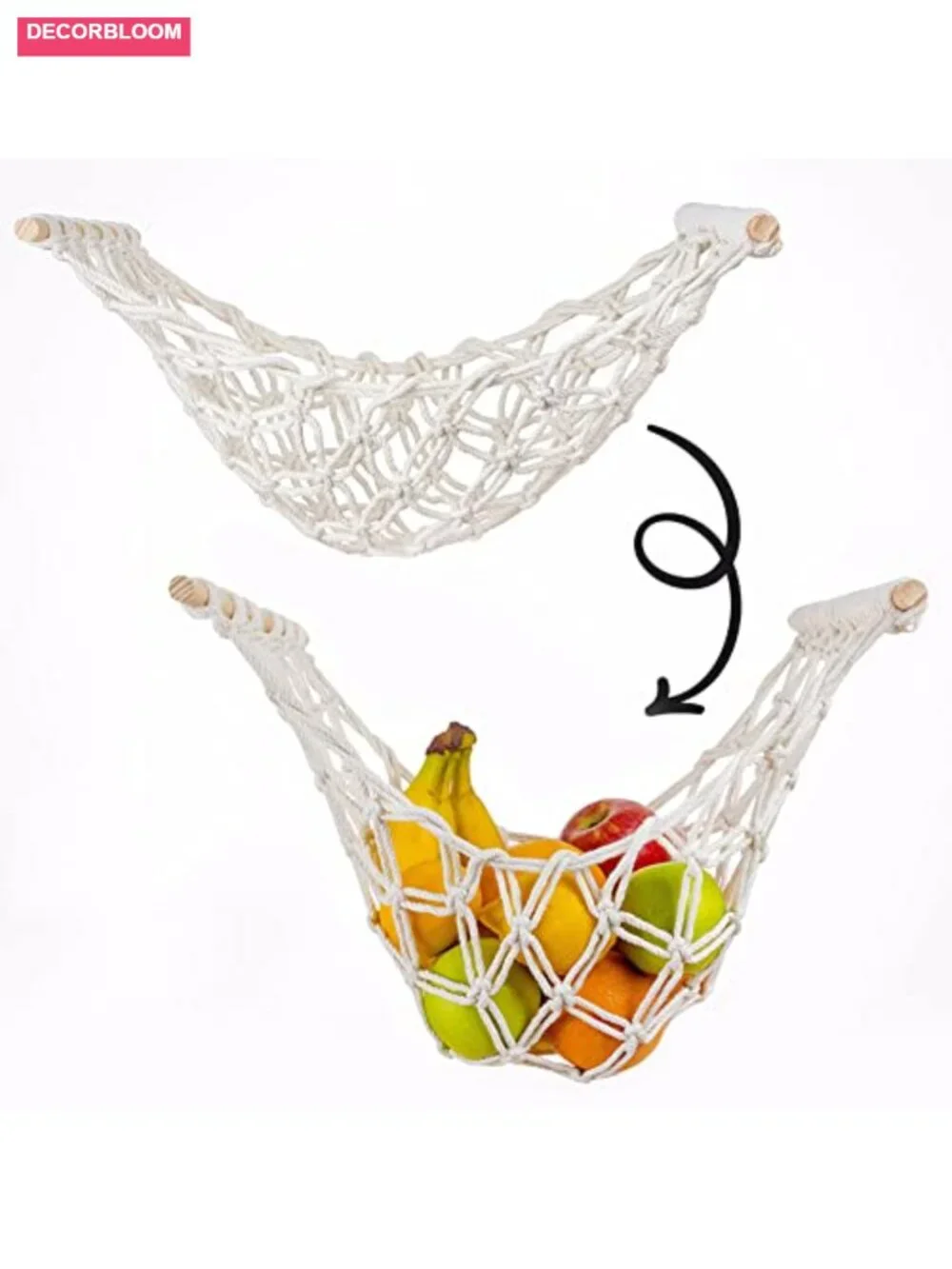 1Set Cotton Hanging Fruit Hammock with Banana Net Rope and 2 Hooks Under Cabinet